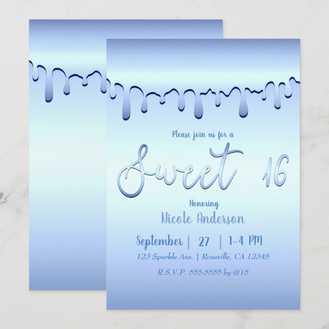 Isig Blue Drip Winter Wonderland Sweet 16 Sexton Inbjudningar (Fram/baksida)