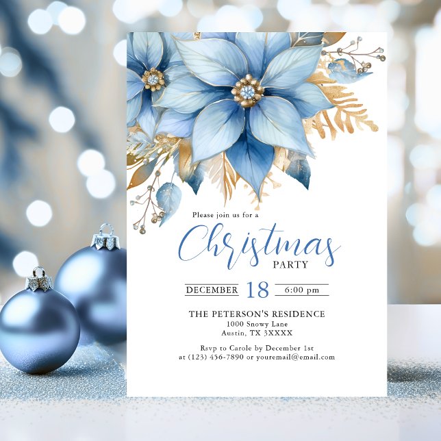 Isig Blue Guld Poinsettia Flower CHRISTMAS Party Inbjudningar (Icy Blue Gold Poinsettia Flower CHRISTMAS Party Invitation)