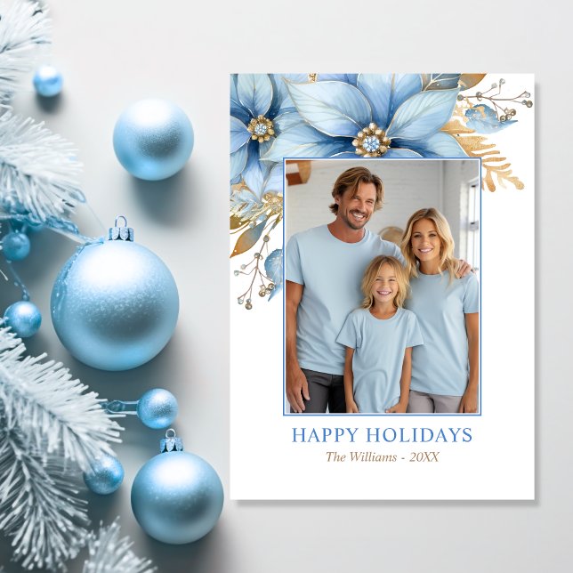 Isig Blue Guld Poinsettia Flower jul PHOTO Julkort (Icy Blue Gold Poinsettia Flower Christmas PHOTO Holiday Card)