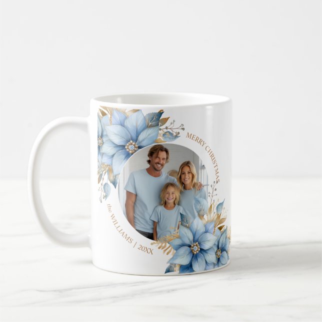 Isig Blue Guld Poinsettia Flower jul PHOTO Kaffemugg (Vänster)