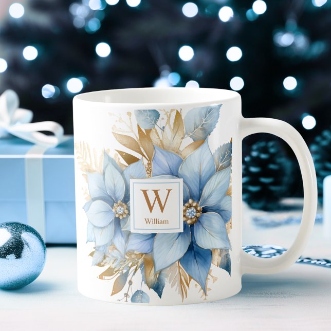 Isig Blue Guld Poinsettia jul MONOGRAM Kaffemugg (Icy Blue Gold Poinsettia Christmas MONOGRAM Coffee Mug)