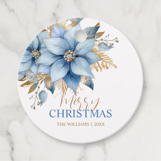 Isig Blue Guld Poinsettia - jultomte Gåvor Etiketter (Framsida)