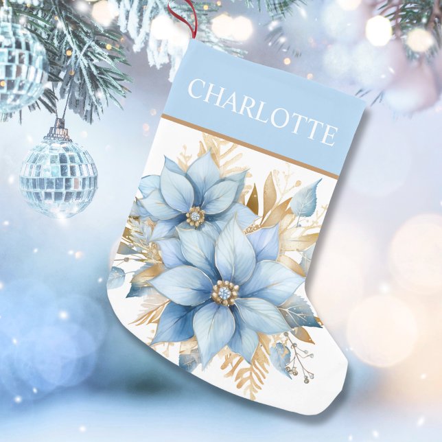 Isig Blue Guld Poinsettia - jultomte Liten Julstrumpa (Icy Blue Gold Poinsettia Flower Christmas Small Christmas Stocking)