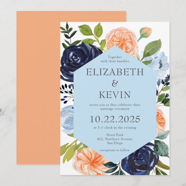 Isig Blue och Peach Watercolor Flowers Bröllop  Inbjudningar (Fram/baksida)