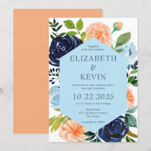 Isig Blue och Peach Watercolor Flowers Bröllop Inbjudningar