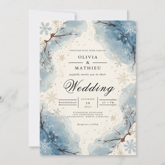 Isig Blue Snöflingor Winter Wedding Inbjudningar (Framsida)