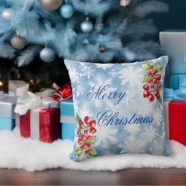 Isig Blue Winter Snöflingor & Holly God jul Kudde