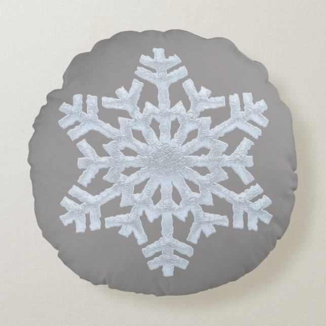 Isig White Frozen Snowflake Elegant jul Grått Rund Kudde (Framsidan)