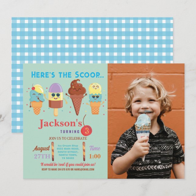 Iskremsscoopbutik Pojkar Cool Lolly Inbjudan (Fram/baksida)