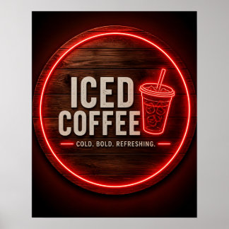 Iskylt för iskaffe i neon poster