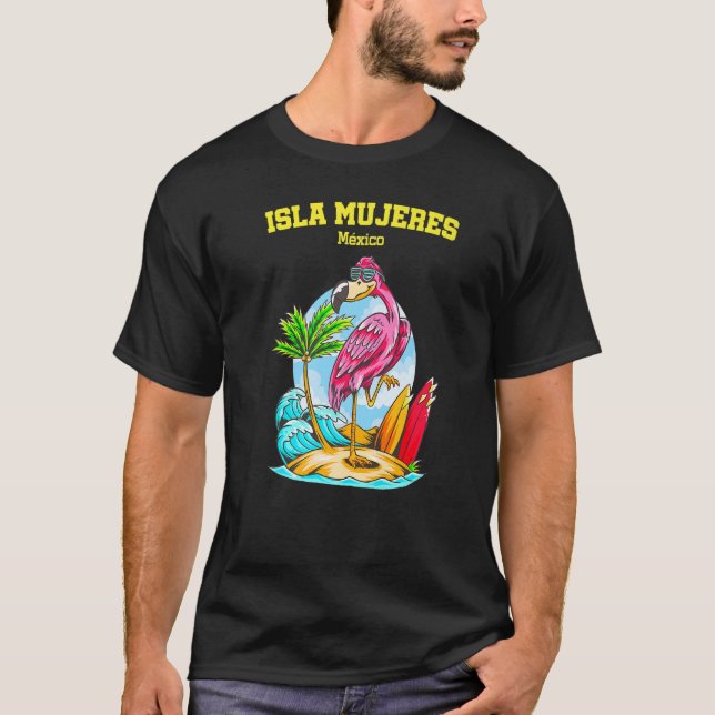 Isla Mujeres Mexico Flamingo Wave Surfboard T Shirt (Framsida)