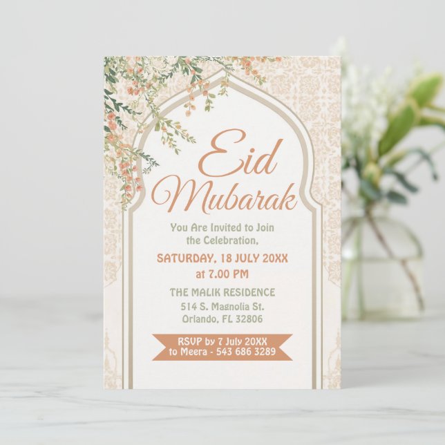 Islamic Arch Floral Eid Mubarak Invitation Inbjudningar (Stående Fram)
