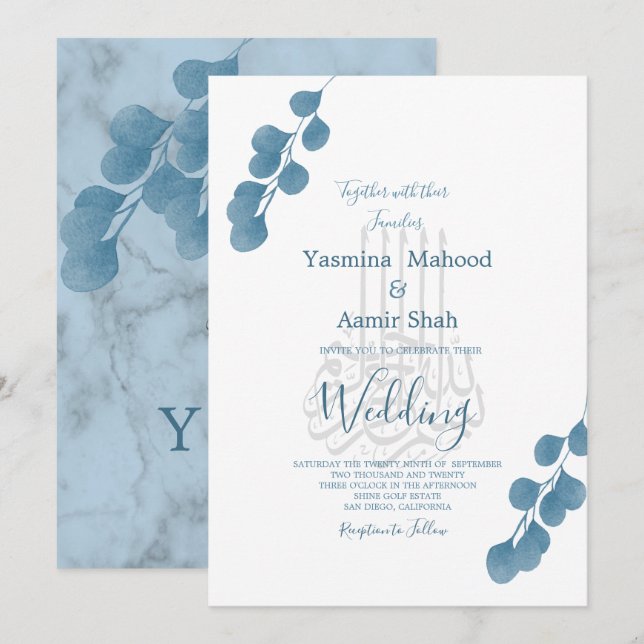 Islamic Bismillah Blue Eucalyptus Modern Bröllop Inbjudningar (Fram/baksida)