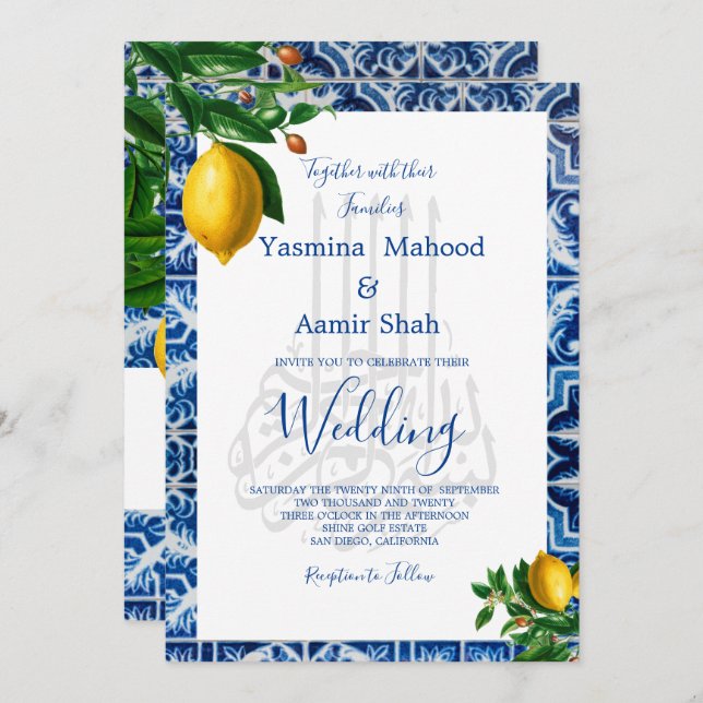 Islamic Bismillah Lemons Blue White Tile Monogram Inbjudningar (Fram/baksida)