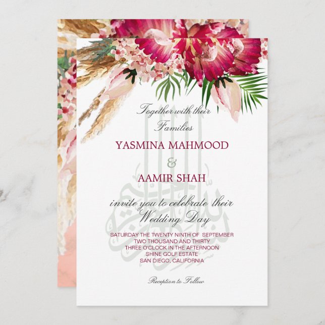 Islamic Bismillah Pampas Protea Blommigt Bröllop Inbjudningar (Fram/baksida)
