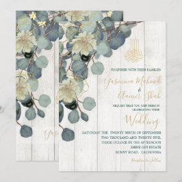 Islamic Bismillah Rustic Wood Blommigt Guld Bröllo Inbjudningar