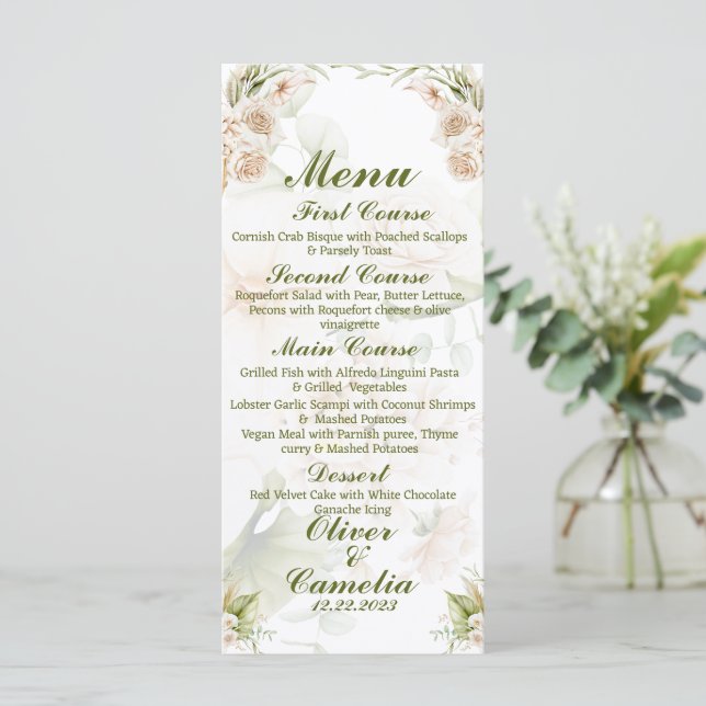 Islamic Blommigt Grönt & Beige Bröllop Menu (Stående Fram)