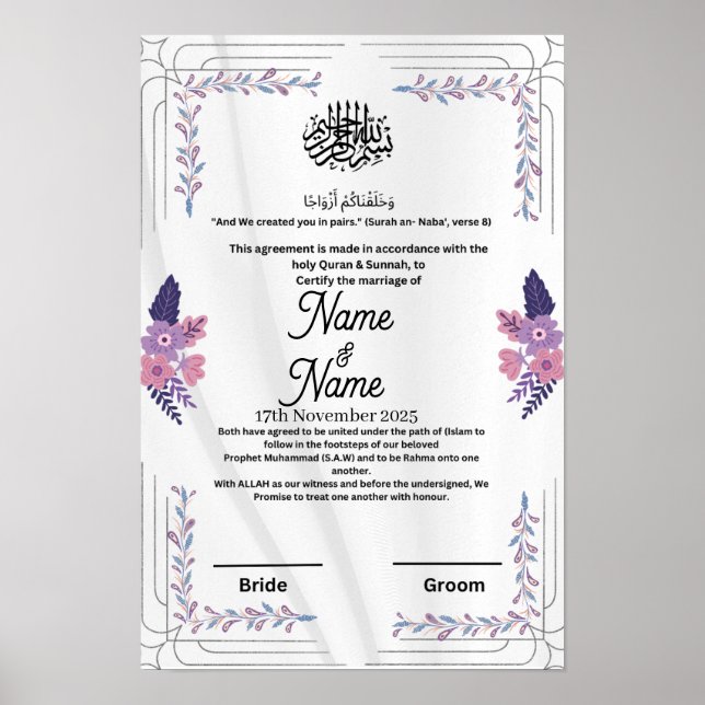 Islamic blommigt lila nikkah Certificate Poster (Framsidan)