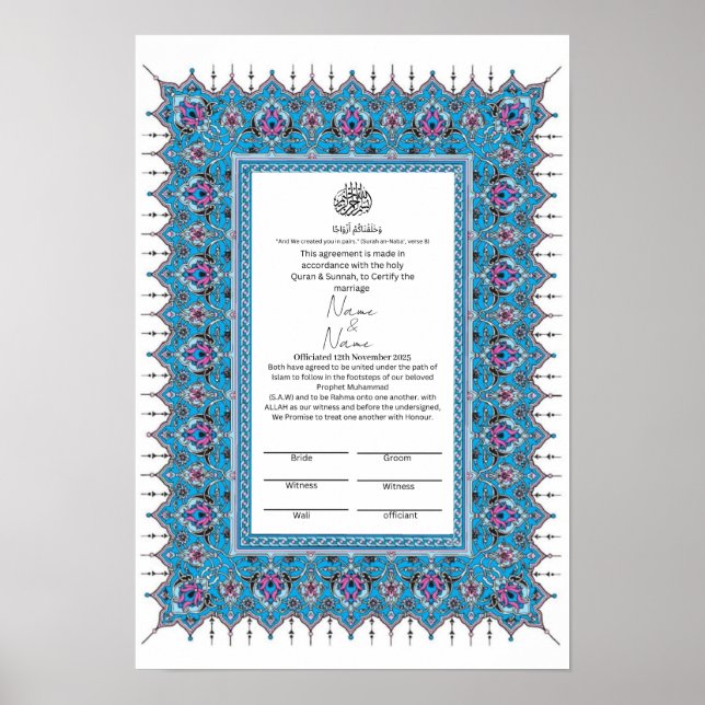 Islamic Blue gräns mönster Nikkah Certificate Poster (Framsidan)
