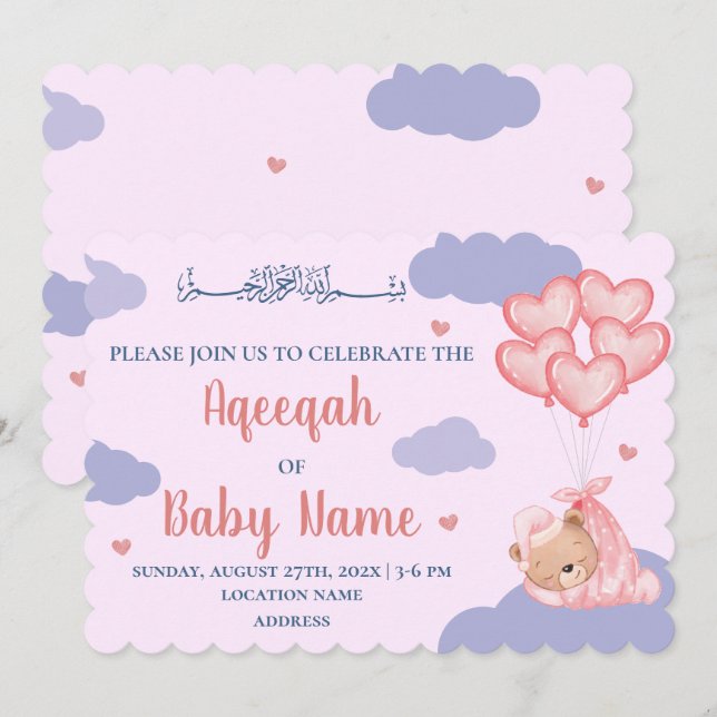 Islamic Cute Rosa Girl Girl Girl Aqeeqah-inbjudan Inbjudningar (Fram/baksida)