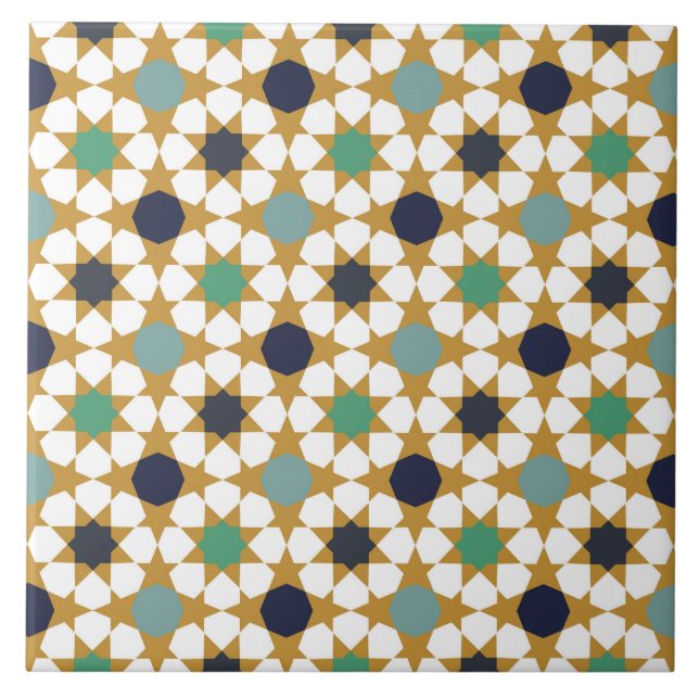 Islamic Geometric Blue Guld Motif Mönster Kakelplatta (Framsidan)