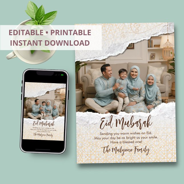 Islamic Geometric Torn Paper & Photo Eid Mubarak Julkort (Skapare uppladdad)