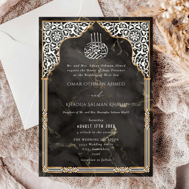 Islamic Gold & Black Arch Ornate Arabesque Wedding Inbjudningar (Skapare uppladdad)