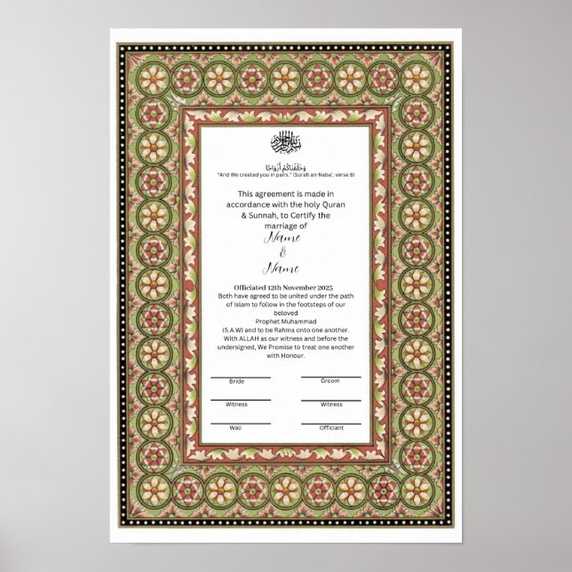 Islamic gräns Nikkah Certificate Poster (Framsidan)