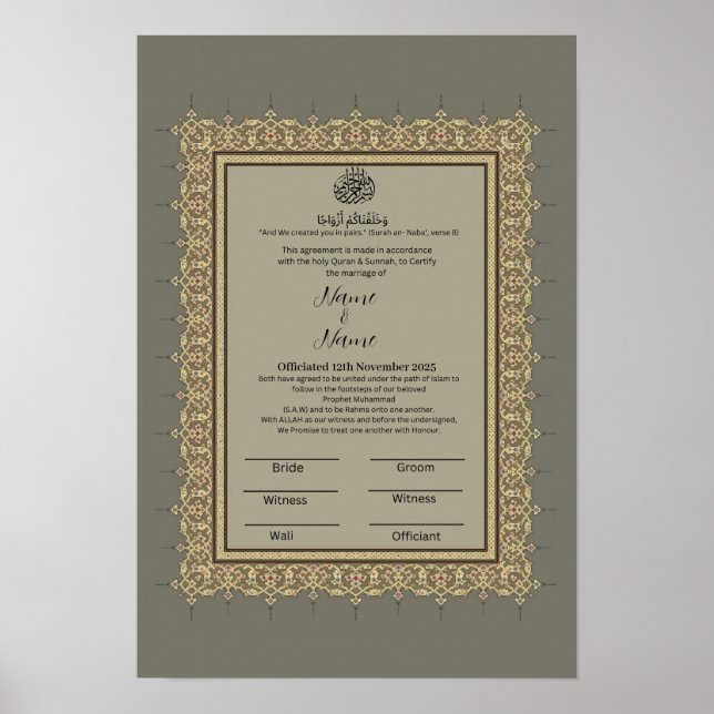 Islamic Grått blommigt gräns Nikkah Certificate Poster (Framsidan)