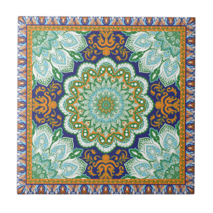 Islamic Mönster Orange, Blue, Grönt Ceramic Tile Kakelplatta