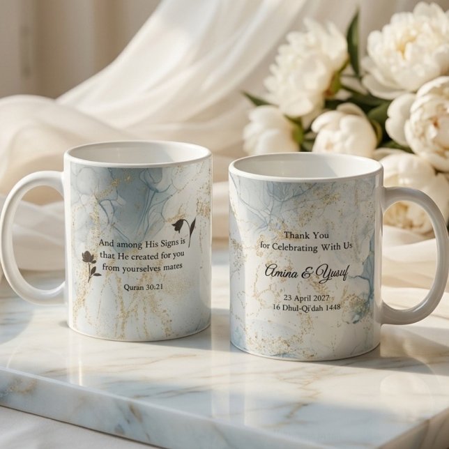 Islamic Wedding Favor Quran Verse Nikah Light Blue Kaffemugg (A Beautiful Du‘a Mug Wedding Favour to Thank Loved Ones—Thoughtful and Used Daily.)