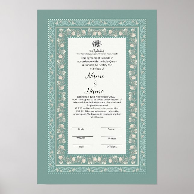 Islamisk blommigt Gräns Nikkah-certifikat Poster (Framsidan)