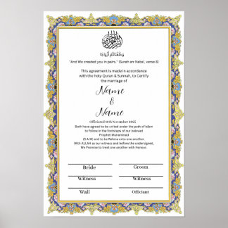 Islamiska blommigten gräns Nikkah-certifikat Poster