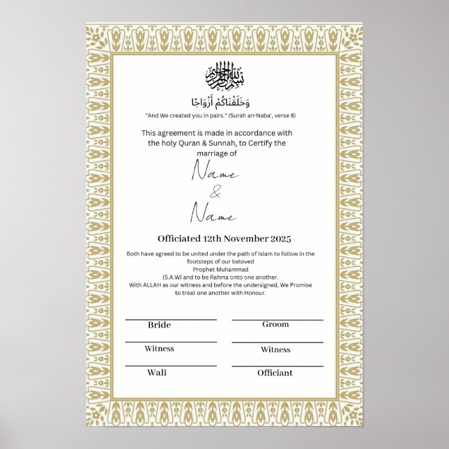 Islamiska blommigten gräns Nikkah-certifikat Poster (Framsidan)