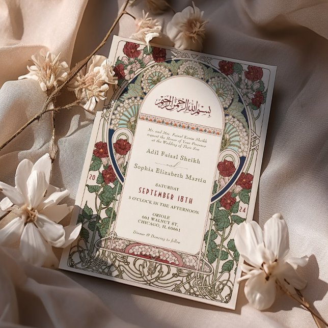 Islamiska Burgundy Bröllop Art nouveau Mucha Inbjudningar (Skapare uppladdad)