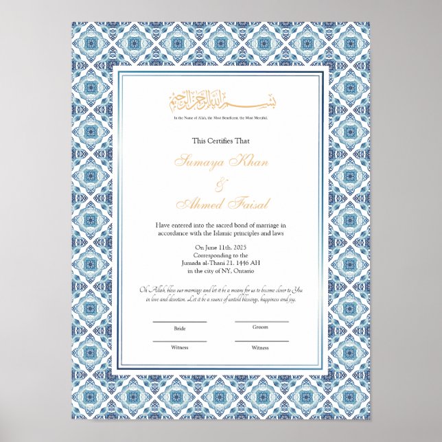 Islamiska giftermål-certifikatet, nikkah-avtalet poster (Framsidan)