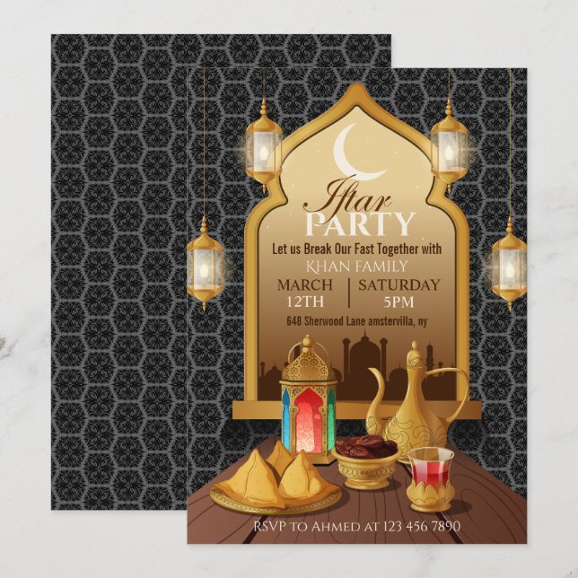 Islamiska Guldvalv, Lyktor & Mat Iftar-fest Inbjudningar (Fram/baksida)