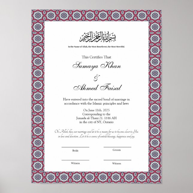 Islamiska muslim nikkah-certifikat poster (Framsidan)