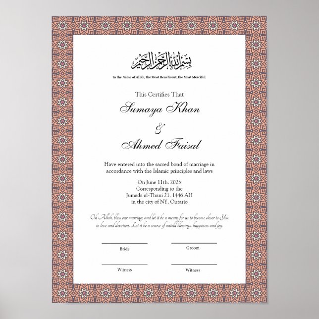 Islamiska muslim nikkah-certifikatet poster (Framsidan)