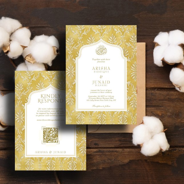Islamiska och Royal Golden Damask Muslim QR Bröllo Inbjudningar (Skapare uppladdad)