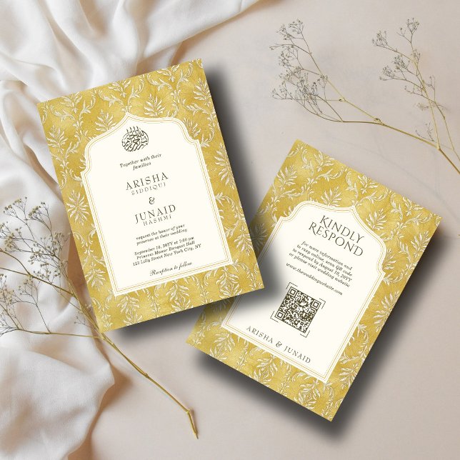 Islamiska och Royal Golden Damask Muslim QR Bröllo Inbjudningar (Skapare uppladdad)