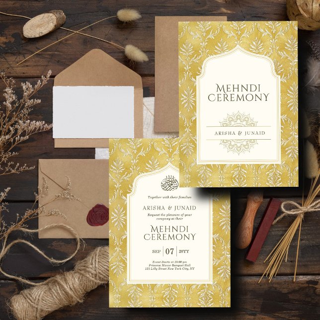 Islamiska Royalet Golden Damask Muslim Mehndi Cere Inbjudningar (Skapare uppladdad)