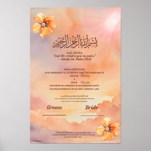 Islamiskt Nikah-certifikat Peach Blommig & Pärl Poster