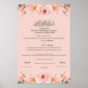 Islamiskt Nikah-certifikat  Rosenskär akvarell Poster