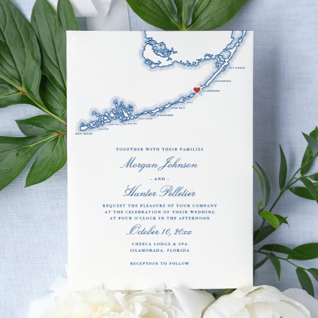 Islamorada FL Karta Elegant Navy Blue Bröllop Inbjudningar (Islamorada Florida Keys Wedding Invitation in Elegant Navy Blue from Coastal Map Designs)