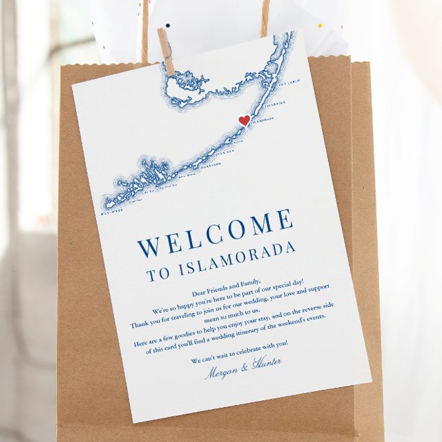 Islamorada FL Navy Blue Bröllop Välkomsthälsning I Tack Kort (Islamorada Florida Keys Wedding Welcome Letter Weekend Schedule in Elegant Navy Blue )