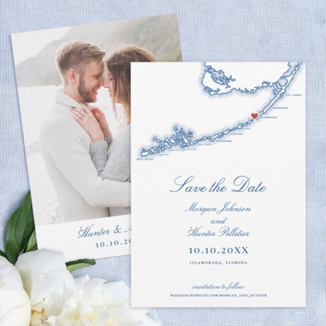 Islamorada Florida Nycklar Elegant Navy Blue Bröll Spara Datumet (Islamorada Florida Keys Wedding Save the Dates in Elegant Navy Blue from Coastal Map Designs)