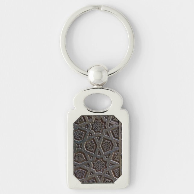 Islamskt geometriskt mönster rektangulärt silverfärgad nyckelring (Framsidan)