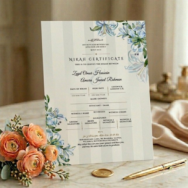 Islamskt Nikah-certifikat | Blå Lilja Blommor (Skapare uppladdad)