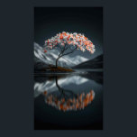 Island Bloom: Serene High-Contrast Landscape Poster<br><div class="desc">This dramatic wall art poster features a striking blend of vibrant life and moody atmosphere, creating a scene of profound stillness and beauty. The focal point is a single, gracefully curved flowering tree situated on a small island amidst a dark, glassy lake. The tree's foliage is a dazzling mix of...</div>